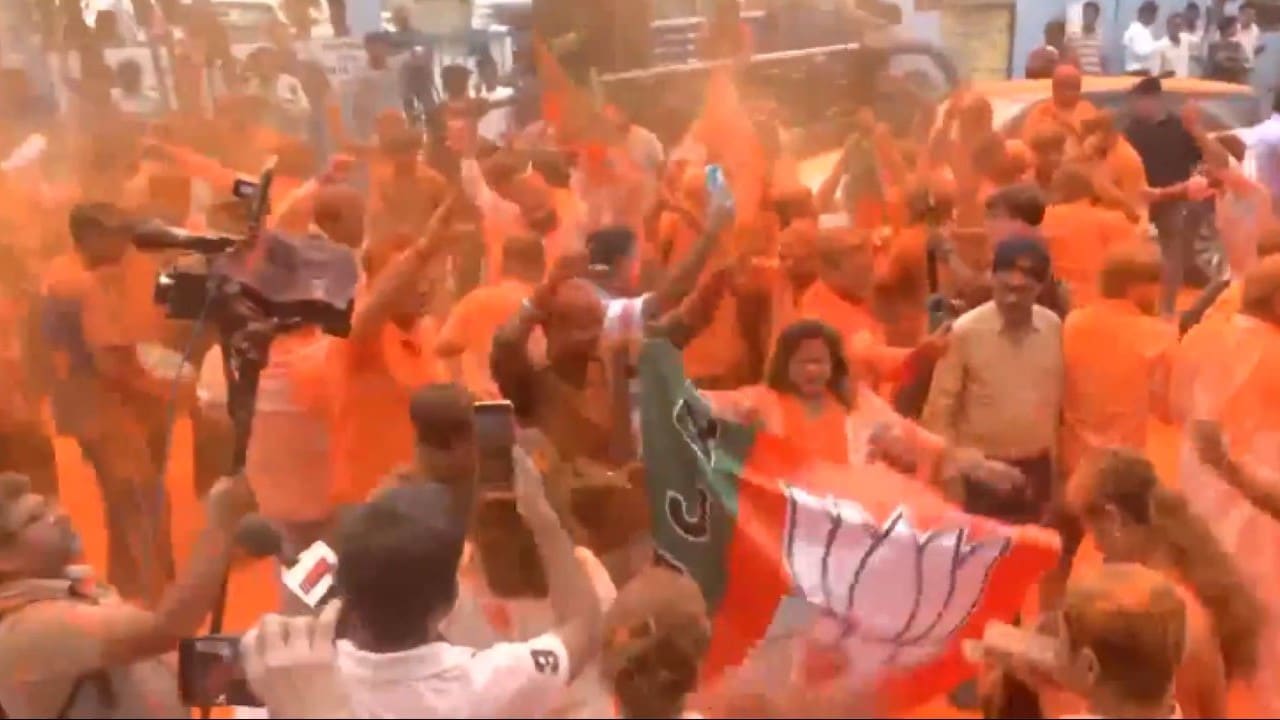 BJP workers celebratie party victory in West Bengal Assembly elections in Kolkata on Monday. (Image X)