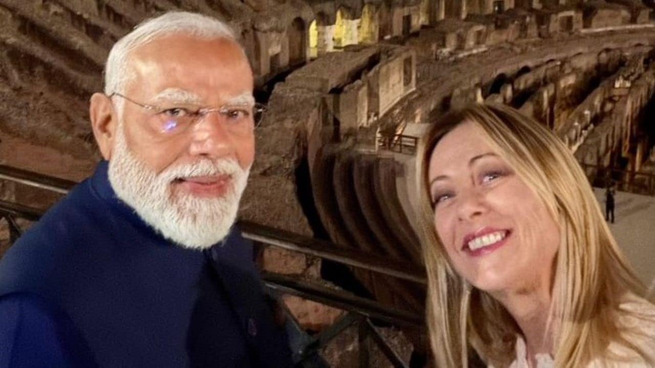 PM Narendra Modi and Italian Prime Minister Giorgia Meloni standing before the iconic Colosseum. (Image X) 