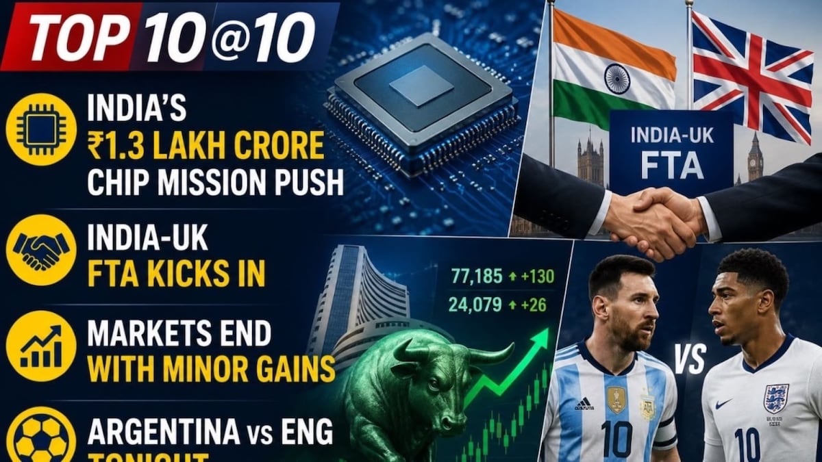Top 10@10: ₹1.3 lakh crore chip mission push, India-UK FTA kicks in, Argentina vs Eng tonight