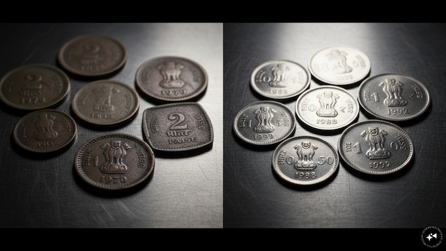 The smallest coins disappear | The 1, 2 and 3 paise coins were gradually discontinued during the 1970s. India later introduced ferritic stainless steel coins of 10, 25 and 50 paise in 1988, followed by the ₹1 coin in 1992. The shift to stainless steel was part of the broader changes in coin manufacturing over time.