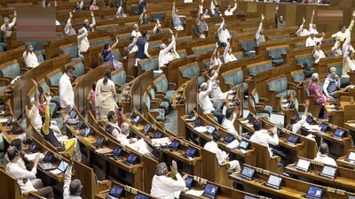 **EDS: THIRD PARTY IMAGE; SCREENGRAB VIA SANSAD TV** New Delhi: Lok Sabha members raise their hands during the passing of a bill in the House during the Monsoon session of Parliament, in New Delhi, Friday, Aug. 7, 2026. (Sansad TV via PTI Photo)(PTI08_07_2026_000100B)