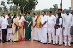 Opposition MPs protest in Parliament complex on Ram temple donation 'theft' Opposition MPs protest in Parliament complex on Ram temple donation 'theft'