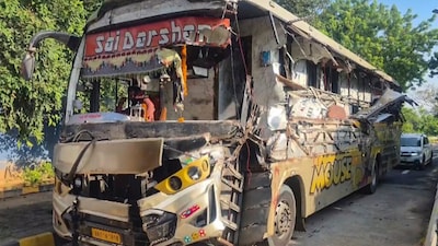 Wreckage of a bus is seen after it collided with a truck on the Ahmedabad-Vadodara Expressway, killing at least five persons and injuring as many others, in Anand district