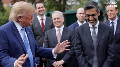 Google CEO Sundar Pichai reacts as US President Donald Trump speaks at the White House driveway following a luncheon in the East Room, in Washington, D.C., US, September 29, 2026. REUTERS/Jonathan Ernst