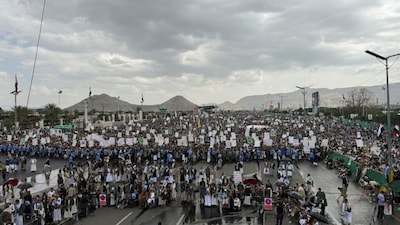 Houthi supporters rally to celebrate advances by Houthi forces along the Red Sea coastline, in Sanaa, Yemen, September 18, 2026. Picture taken with a mobile phone. REUTERS/Adel Al Khader