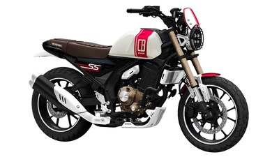 Honda CB250SS concept viewed from the front three-quarter angle, highlighting its round headlamp with a protective grille, upswept exhaust and road-biased tyres.