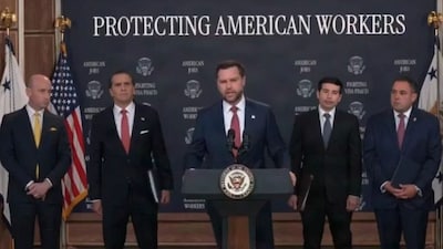 The US administration suspended PERM labour certification processing for Microsoft, Adobe and six IT services companies with ties to India: Tata Consultancy Services (TCS), Infosys, Wipro, HCLTech, Cognizant and Capgemini. (Image X@vp)