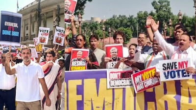 Rahul Gandhi and INDIA bloc MPs march to ECI demanding CEC resignation