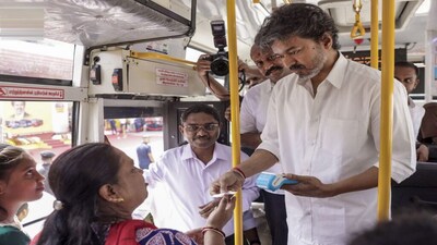 **EDS: THIRD PARTY IMAGE** In this image posted on Oct. 2, 2026, Tamil Nadu Chief Minister Vijay inaugurated the 'Vettri Payanam' scheme by distributing free bus travel passes to women from Koyambedu Bus Terminus on Mahatma Gandhis birth anniversary, in Chennai. (@CMOTamilnadu/X via PTI Photo)(PTI10_02_2026_000363B)