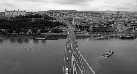 Bratislava over Danube with the look over the city. Photograph taken from the top of UFO bridge jpg