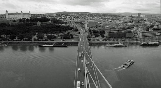 Bratislava over Danube with the look over the city. Photograph taken from the top of UFO bridge jpg Bratislava over Danube with the look over the city. Photograph taken from the top of UFO bridge jpg