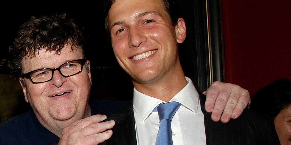 Michael Moore (left) with Donald Trump's son-in-law Jared Kushner