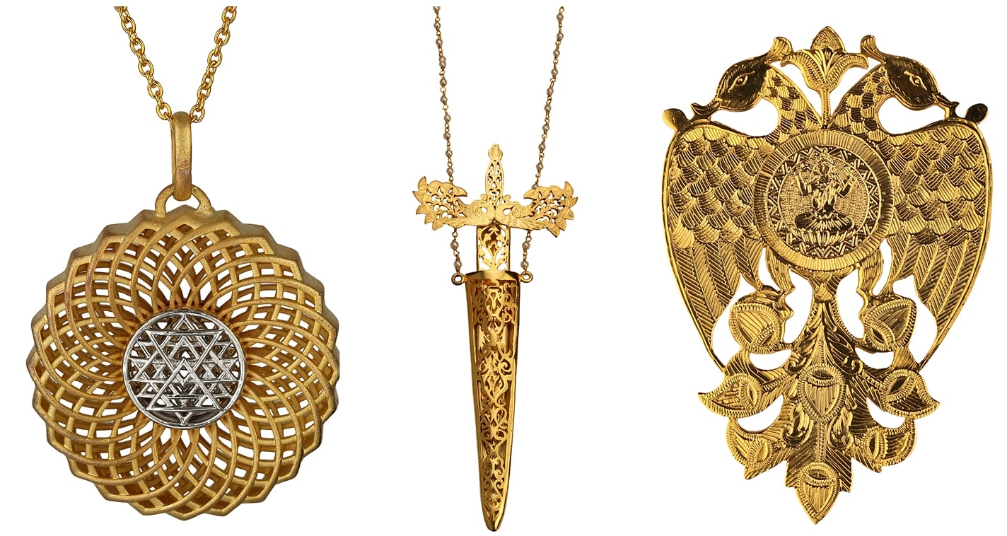 L-R): Dual-plated Heart of the Crown necklace, handcrafted Sword of the Light pendant and Noble brooch