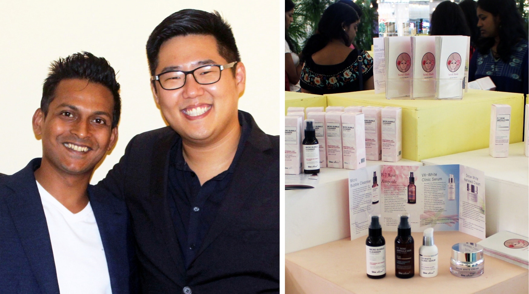 L-R: Founders of She Skin by Seoul-Made, Kunal Puri and Noel Ham; the She Skin counter at K-BeautyCon