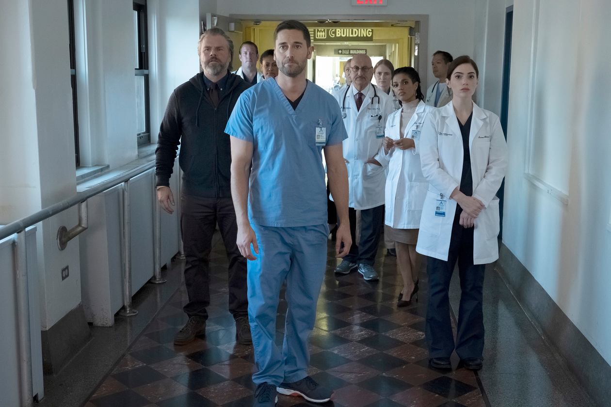 Tyler Labine as Dr. Iggy Frome, Ryan Eggold as Dr. Max Goodwin, Anupam Kher as Dr. Vijay Kapoor, Freema Agyeman as Dr. Helena Sharpe and Janet Montgomery as Dr. Lauren Bloom. Photo by Francisco Roman/NBC