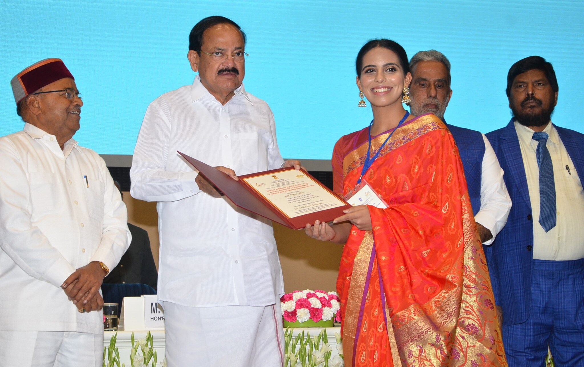 M. Venkaiah Naidu awarding Nishtha Dudeja the ‘National Award for Empowerment of Persons with Disabilities'