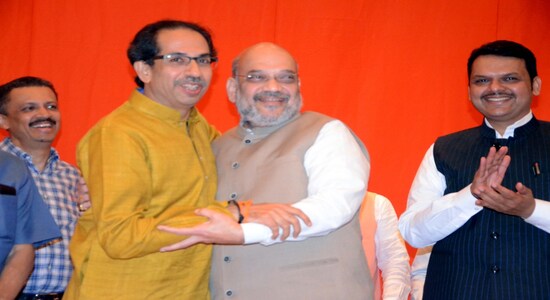 Mumbai: BJP President Amit Shah and Sena President Uddhav Thackeray, along with Maharashtra Chief Minister and BJP leader Devendra Fadnavis during a joint media briefing regarding BJP-Shiv Sena alliance for upcoming Lok Sabha and Maharashtra Assembly elections, in Mumbai on Feb 18, 2019. (Photo: IANS) Mumbai: BJP President Amit Shah and Sena President Uddhav Thackeray, along with Maharashtra Chief Minister and BJP leader Devendra Fadnavis during a joint media briefing regarding BJP-Shiv Sena alliance for upcoming Lok Sabha and Maharashtra Assembly elections, in Mumbai on Feb 18, 2019. (Photo: IANS)