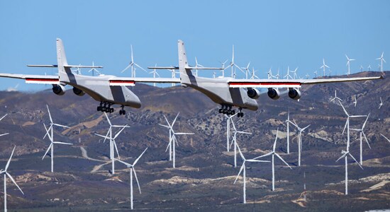Stratolaunch, a giant six-engine aircraft with the world’s longest wingspan , makes its historic first flight from the Mojave Air and Space Port in Mojave, Calif., Saturday, April 13, 2019. Founded by the late billionaire Paul G. Allen, Stratolaunch is vying to be a contender in the market for air-launching small satellites. (AP Photo/Matt Hartman)