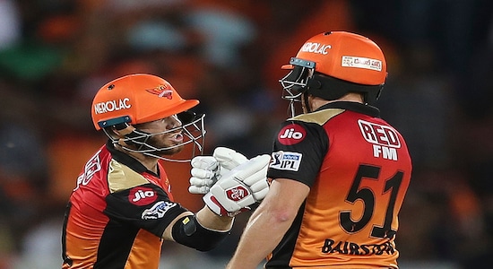 Sunrisers Hyderabad's David Warner and Johny Bairstow greet each other after scoring their fifty runs during the VIVO IPL T20 cricket match between Sunrisers Hyderabad and Kolkata Knight Riders in Hyderabad, India, Sunday, April 21, 2019. (AP Photo/ Mahesh Kumar A.)