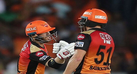 Sunrisers Hyderabad's David Warner and Johny Bairstow greet each other after scoring their fifty runs during the VIVO IPL T20 cricket match between Sunrisers Hyderabad and Kolkata Knight Riders in Hyderabad, India, Sunday, April 21, 2019. (AP Photo/ Mahesh Kumar A.) Sunrisers Hyderabad's David Warner and Johny Bairstow greet each other after scoring their fifty runs during the VIVO IPL T20 cricket match between Sunrisers Hyderabad and Kolkata Knight Riders in Hyderabad, India, Sunday, April 21, 2019. (AP Photo/ Mahesh Kumar A.)