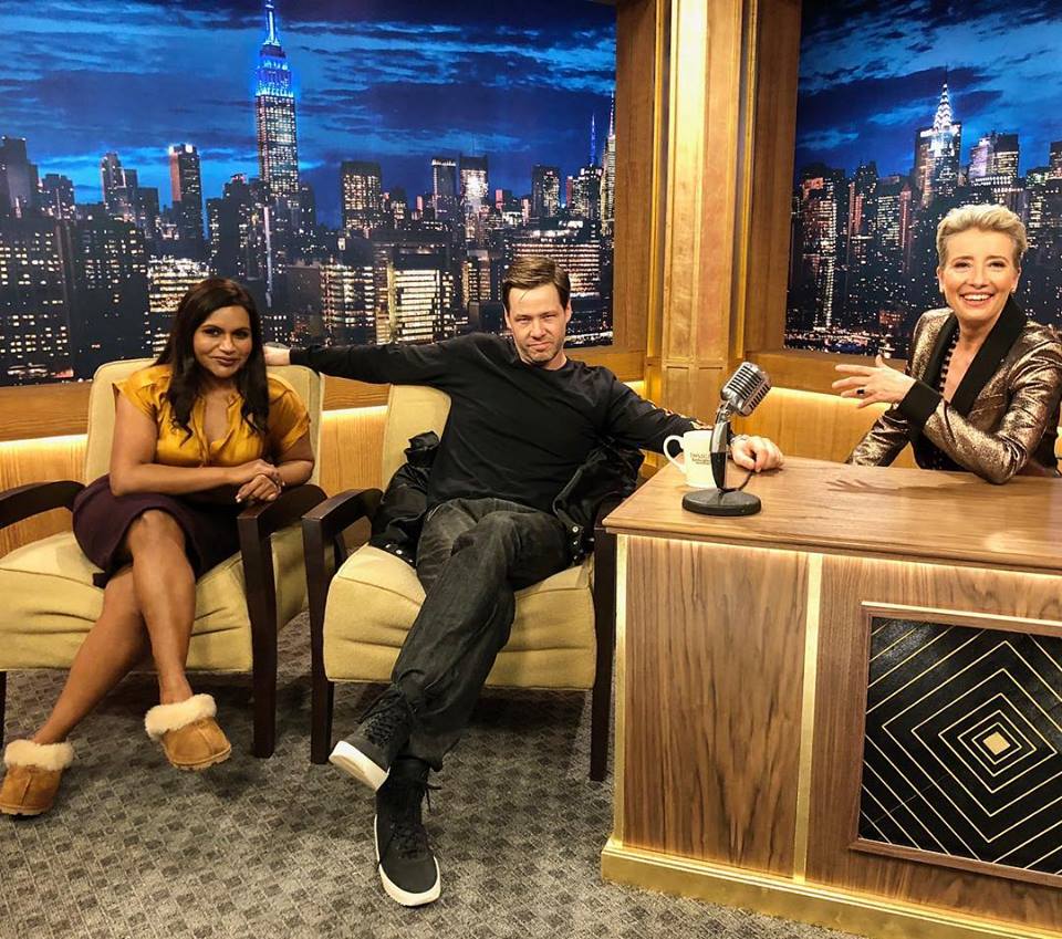 Mindy Kaling, Emma Thompson and a fan on the sets of 'Late Night'