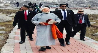 Kedarnath: Prime Minister Narendra Modi arrives at Kedarnath, for this two day pilgrimage to Himalayan shrines, in Rudraprayag district, Saturday, May 18, 2019. PM Modi will visit Badrinath on Sunday. (PTI Photo)(PTI5_18_2019_000036B)