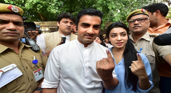 BJP's East Delhi candidate Gautam Gambhir and his wife Natasha Jain. BJP's East Delhi candidate Gautam Gambhir and his wife Natasha Jain.
