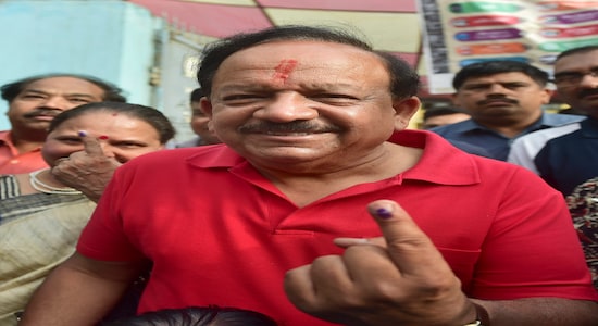 BJP's candidate from Chandni Chowk Harsh Vardhan, after casting his vote.