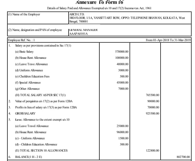 Changes in Form 16 for the financial year 2018-19