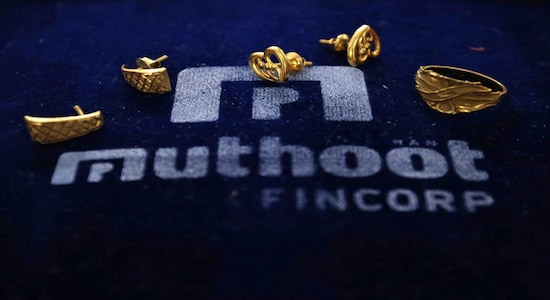 Gold ornaments are pictured inside a Muthoot Fincorp branch in Mumbai
