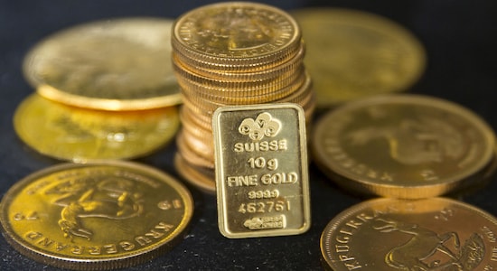 Gold bullion is displayed at Hatton Garden Metals precious metal dealers in London