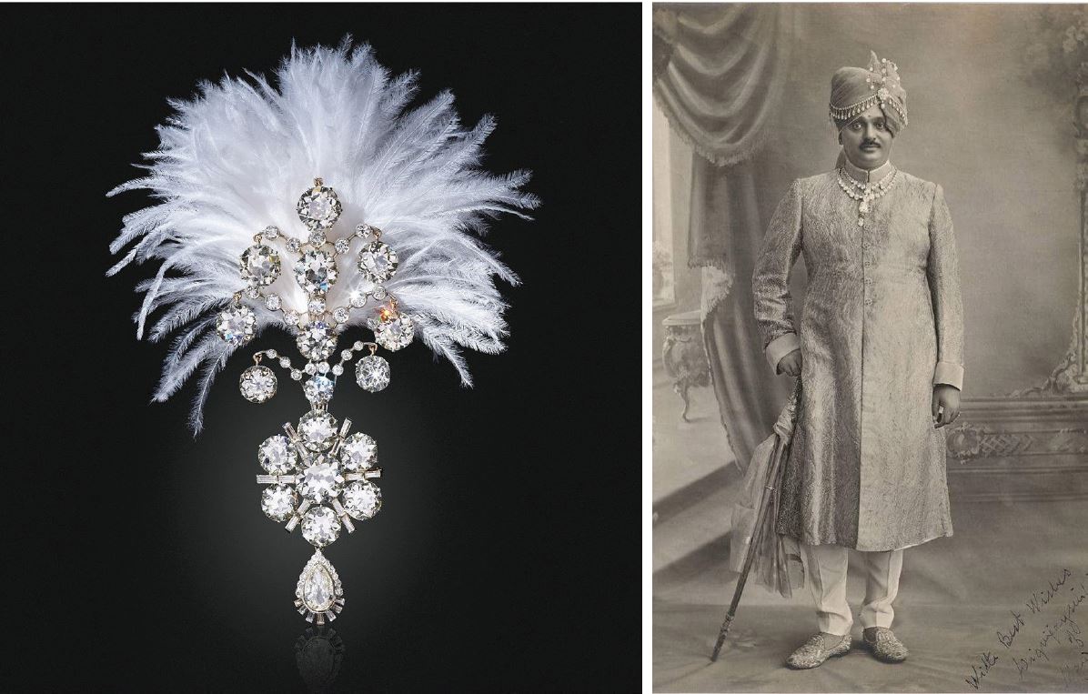 Turban ornament (jigha, left) made by Cartier for the Maharaja Sir Ranjitsinghji Jadeja of Nawanagar (right