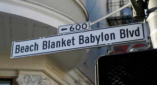 In this Tuesday, Nov. 19, 2019 photo, a street sign named for the musical &quot;Beach Blanket Babylon&quot; is seen near where the show is performed in San Francisco. The final performance of the small campy San Francisco show is set for New Year's Eve. (AP Photo/Eric Risberg)