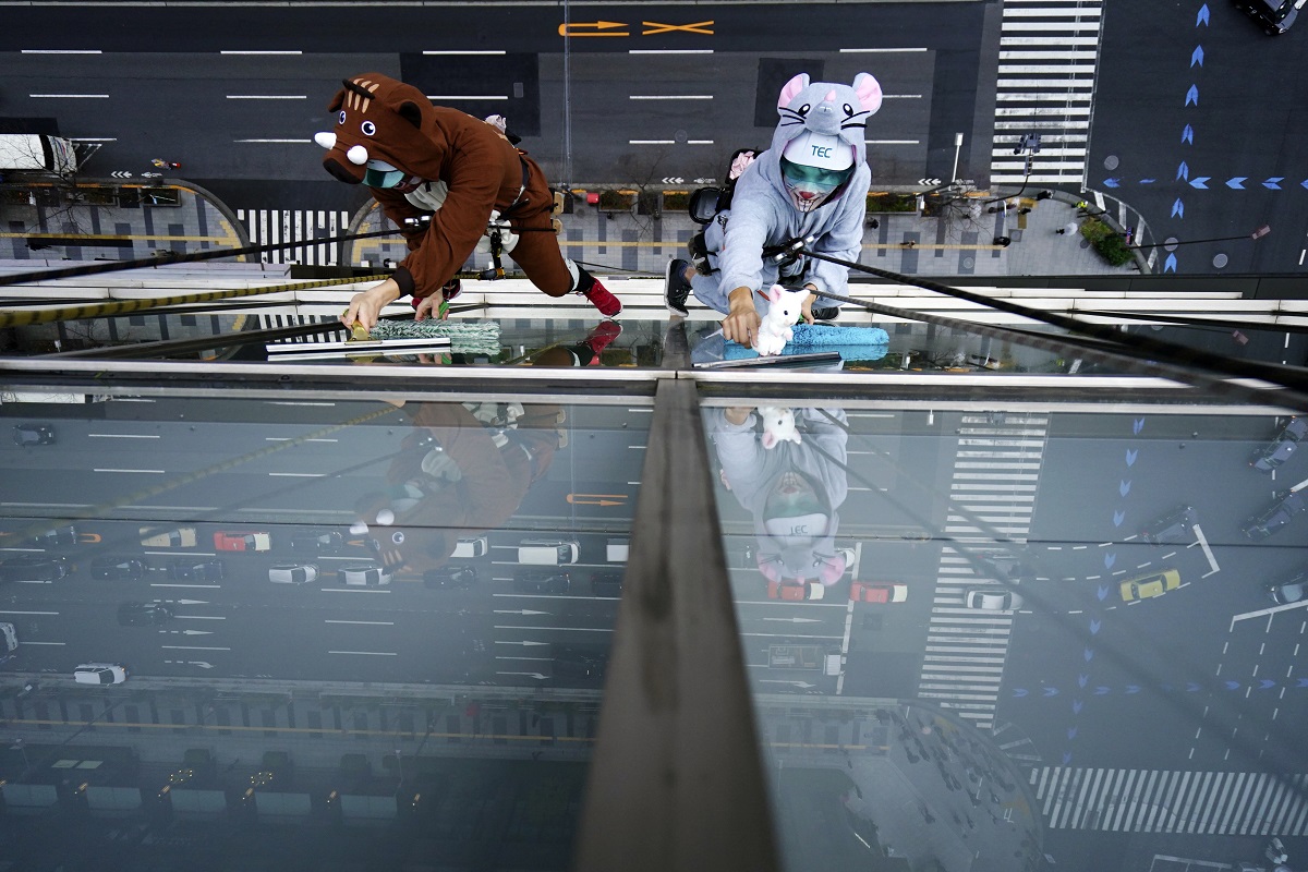 Window cleaners dressed as zodiac animals of boar, and rat clean the glass exterior of a hotel, in Tokyo. During the year-end 