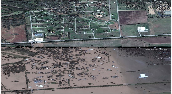 This image provided by Maxar Technologies shows Simonton, Texas, west of Houston, on November 20, 2016, top, and on August 30, 2017. America’s hurricane luck ran out in 2017. Three powerful hurricanes — Harvey, Irma and Maria — slammed into different parts of the country, causing $265 billion damage in four weeks. Harvey parked itself over Houston and unleashed a downpour. It killed 68 people and set a US record for the amount of rain recorded from a storm: 60.58 inches. Harvey’s $120 billion in damages ranks as the second-costliest US storm behind only Katrina in 2005. (Satellite image ©2019 Maxar Technologies via AP)