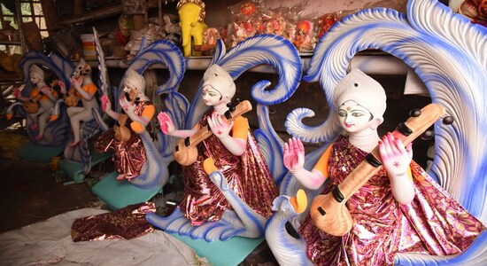 Patna: Idols of Goddess Saraswati at a workshop ahead of Saraswati Puja celebrations, in Patna on Jan 28, 2020. (Photo: IANS) Patna: Idols of Goddess Saraswati at a workshop ahead of Saraswati Puja celebrations, in Patna on Jan 28, 2020. (Photo: IANS)