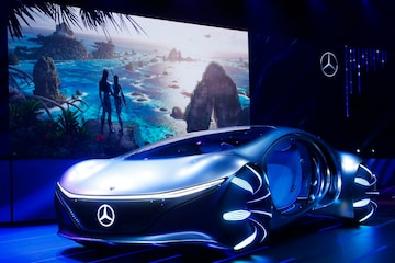 Daimler announces the world premiere of the Mercedes-Benz Vision AVTR concept car at the Daimler Keynote along with a sneak peek of the new Avatar 2 movie, background image, before the CES tech show Monday, Jan. 6, 2020, in Las Vegas. (AP Photo/Ross D. Franklin)