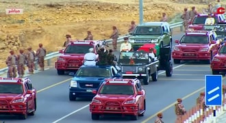 This image made from video shows the motorcade carrying the coffin of Oman's Sultan Qaboos bin Said, in Muscat, Oman, Saturday, Jan. 11, 2020. State media says Oman's ruler, Sultan Qaboos bin Said, has died, Saturday, Jan. 11, 2020. He was 79. The sultan has ruled Oman since overthrowing his father in a bloodless 1970 coup.(Oman TV via AP)