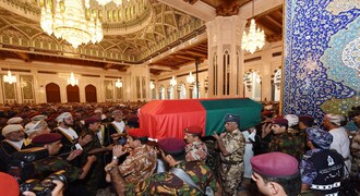 In this photo made available by Oman News Agency, people carry the coffin of Oman's Sultan Qaboos bin Said, at Sultan Qaboos Grand Mosque in Muscat, Oman, Saturday, Jan. 11, 2020. Sultan Qaboos bin Said, the Mideast's longest-ruling monarch who seized power in a 1970 palace coup and pulled his Arabian sultanate into modernity while carefully balancing diplomatic ties between adversaries Iran and the U.S., has died. He was 79. (Oman News Agency via AP)