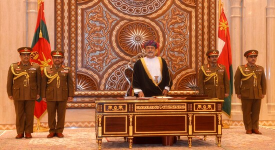 In this photo made available by Oman News Agency, Oman's new sultan Haitham bin Tariq Al Said, swears in at the Royal Family Council in Muscat, Oman, Saturday, Jan. 11, 2020. Sultan Qaboos bin Said, the Mideast's longest-ruling monarch who seized power in a 1970 palace coup and pulled his Arabian sultanate into modernity while carefully balancing diplomatic ties between adversaries Iran and the U.S., has died. He was 79. (Oman News Agency via AP)
