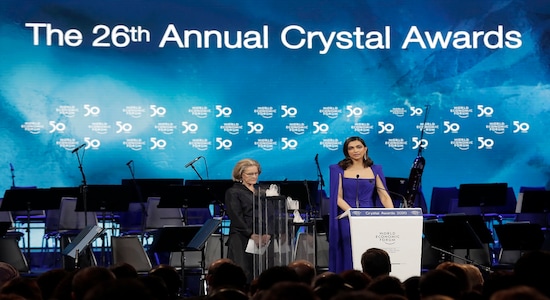 Actress Deepika Padukone, from India, addresses the audience after receiving a Crystal Award from Hilde Schwab, Chairwoman and Co-Founder of the World Economic Forum's World Arts Forum, during the ceremony for the Crystal Awards at the annual meeting of the World Economic Forumin Davos, Switzerland, Monday, Jan. 20, 2020. The 50th annual meeting of the forum will take place in Davos from Jan. 21 until Jan. 24, 2020. (AP Photo/Markus Schreiber)