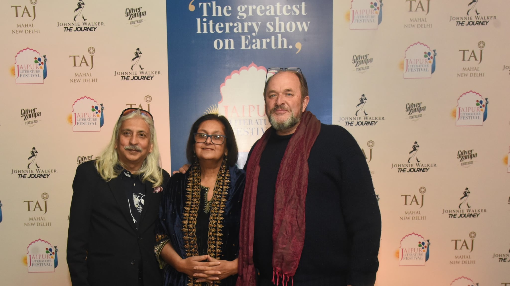 Festival producer Sanjoy K. Roy (left) with founder-directors Namita Gokhale (centre) and William Dalrymple.