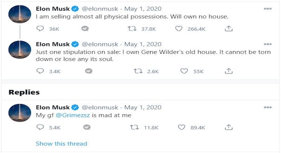 No possessions policy: Musk recently shed some more light on his relationship with money after he announced he would sell most of his physical possessions so that people could no longer attack him for being a billionaire. “I think possessions kind of weigh you down…,” he told Joe Rogan on his podcast in May 2020, before putting the various houses he owned for sale. Musk had in 20212 signed up for Warren Buffett’s Giving Pledge, as part of which he will donate at least half of his wealth to charity. No possessions policy: Musk recently shed some more light on his relationship with money after he announced he would sell most of his physical possessions so that people could no longer attack him for being a billionaire. “I think possessions kind of weigh you down…,” he told Joe Rogan on his podcast in May 2020, before putting the various houses he owned for sale. Musk had in 20212 signed up for Warren Buffett’s Giving Pledge, as part of which he will donate at least half of his wealth to charity.