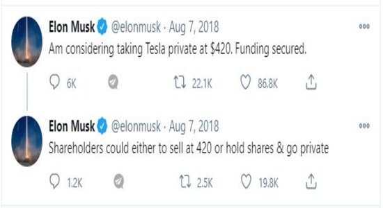 (Previous) Twitter troubles: This wasn’t the first time the Twitter-happy Musk got into trouble for tweeting the wrong thing. A much more serious incident took place in 2018, when Musk who appeared quite sick of Wall Street speculating over whether Tesla will survive decided he wanted to delist the company and had “funding secured” to take the company private. The SEC prosecuted Musk for making “false and misleading” statements, before settling the charges after Musk and Tesla agreed to pay $20 million each, and with Musk agreeing that all his tweets containing material information about Tesla would be reviewed by the company’s lawyers first. (Previous) Twitter troubles: This wasn’t the first time the Twitter-happy Musk got into trouble for tweeting the wrong thing. A much more serious incident took place in 2018, when Musk who appeared quite sick of Wall Street speculating over whether Tesla will survive decided he wanted to delist the company and had “funding secured” to take the company private. The SEC prosecuted Musk for making “false and misleading” statements, before settling the charges after Musk and Tesla agreed to pay $20 million each, and with Musk agreeing that all his tweets containing material information about Tesla would be reviewed by the company’s lawyers first.