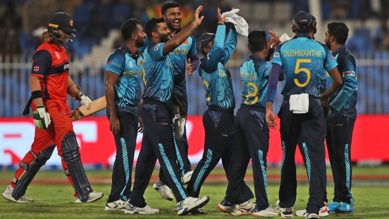 Sri Lankan players celebrate the dismissal of Netherlands' Max O'Dowd during Cricket Twenty20 World Cup first round match between Sri Lanka and Netherlands in Sharjah, the UAE (Image: AP)