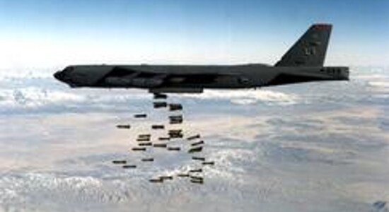 No.2 | Country: US | Total Nuclear Warheads as of 2021: 5,550 | Per cent of all nuclear warheads in the world: 42.3% | A U.S. Air force B-52 bomber drops a load of M117 750lb bombs. It can carry nuclear or conventional ordnance with worldwide precision navigation capability(Image: Reuters)