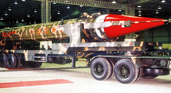 No.6 | Country: Pakistan | Total Nuclear Warheads as of 2021: 165 | Per cent of all nuclear warheads in the world: 1.26% |A Ghauri missile, with a range of 1,500 km (1,000 miles) on a mobile launch-pad at an undisclosed location in Pakistan. The missile capable of carrying nuclear warheads (Image: Reuters)
