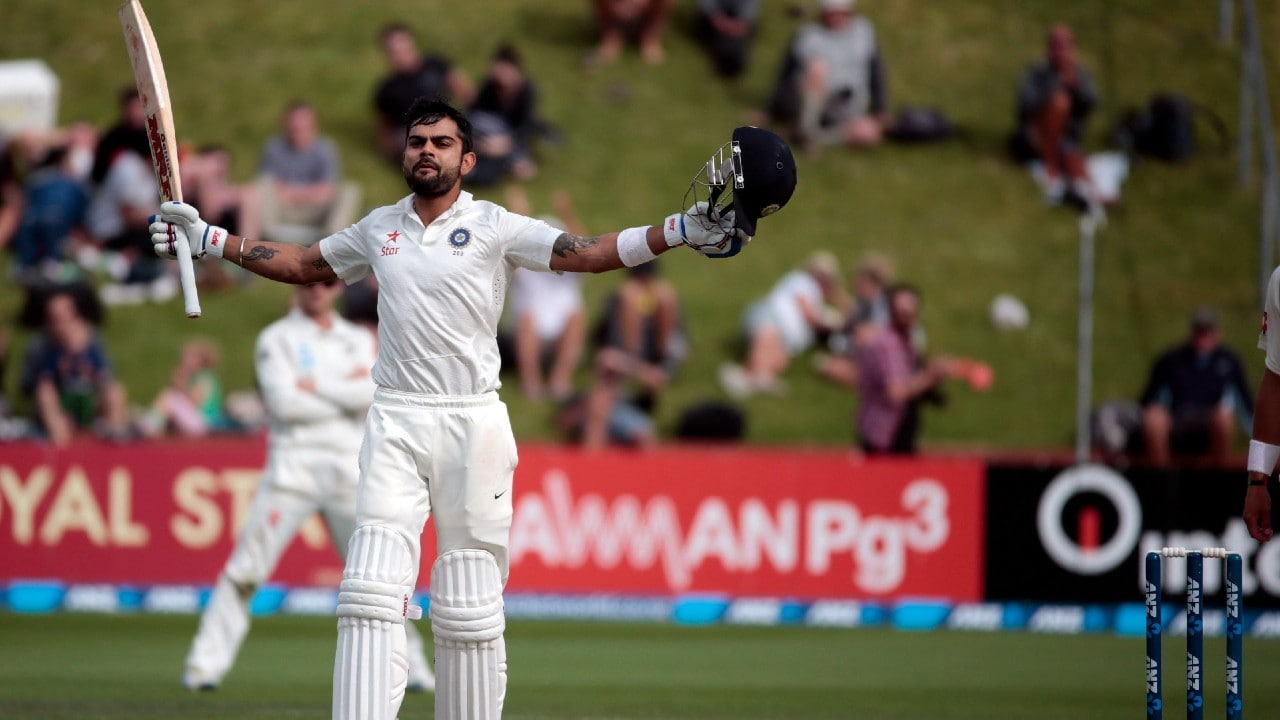 India's Virat Kohli acknowledges his 100 against New Zealand during the second innings of play on day five of the second international test cricket match at the Basin Reserve in Wellington (Image: Reuters)