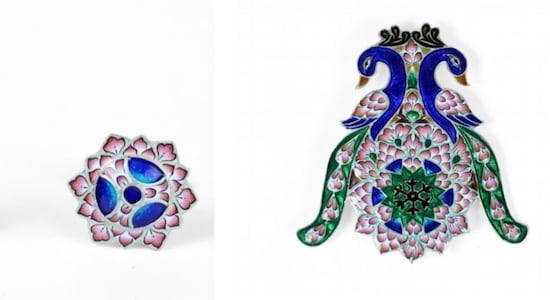 PM gifted Gulabi Meenakari brooch and cufflink set to US President Gulabi Meenakari is a GI tagged art-form of Varanasi in Uttar Pradesh. A piece of pure silver is moulded into a base form, and the chosen design is embossed in the metal. The embossed shapes are then filled with great dexterity with crushed meena glass mixed with an intriguing natural anardana (pomegranate seeds) glue. This is then fired to transform into a translucent coloured patch. What distinguishes it from other meenakari is the layer of white meena which acts as an opaque canvas for hand painted motifs. The paint is fired layer by layer for permanence. The motifs primarily use the colour pink (Gulabi), which lends its name to the craft. These cufflinks were prepared for the President with a matching brooch for the First Lady. PM gifted Gulabi Meenakari brooch and cufflink set to US President Gulabi Meenakari is a GI tagged art-form of Varanasi in Uttar Pradesh. A piece of pure silver is moulded into a base form, and the chosen design is embossed in the metal. The embossed shapes are then filled with great dexterity with crushed meena glass mixed with an intriguing natural anardana (pomegranate seeds) glue. This is then fired to transform into a translucent coloured patch. What distinguishes it from other meenakari is the layer of white meena which acts as an opaque canvas for hand painted motifs. The paint is fired layer by layer for permanence. The motifs primarily use the colour pink (Gulabi), which lends its name to the craft. These cufflinks were prepared for the President with a matching brooch for the First Lady.