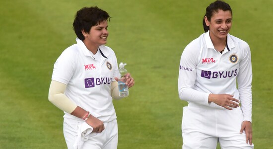 In 2021, again in a Test match against England Mandhana along with her opening partner Shafali Verma put up a partnership of 167 which is the fourth highest in the hiastory of women's Test cricket. (Image: Reuters) In 2021, again in a Test match against England Mandhana along with her opening partner Shafali Verma put up a partnership of 167 which is the fourth highest in the hiastory of women's Test cricket. (Image: Reuters)